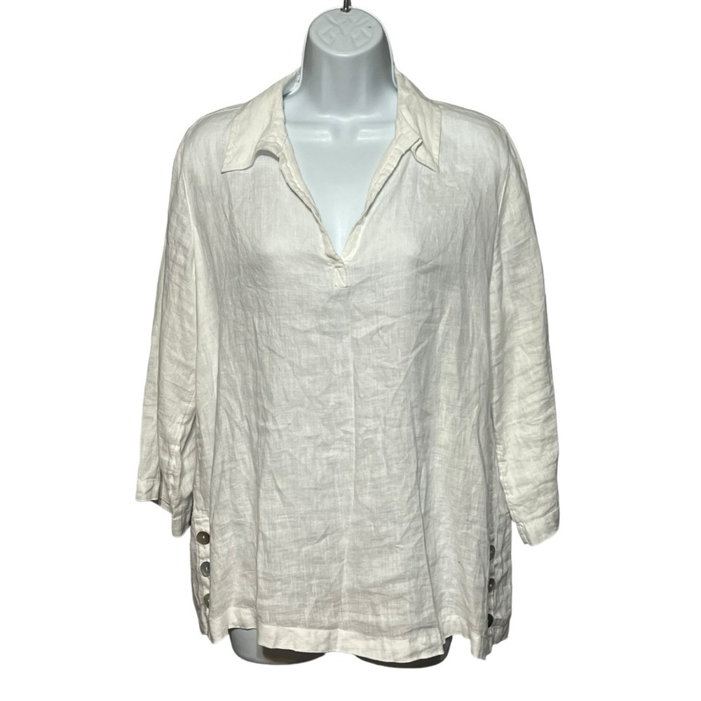 Antibes Blanc Linen Popover Top White Long Sleeve Shirt Lagenlook Button Tunic
